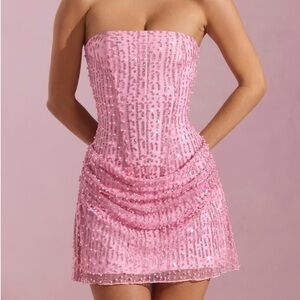 Oh Polly Ziya Embellished Draped Strapless A-line Mini Dress Pink NWT